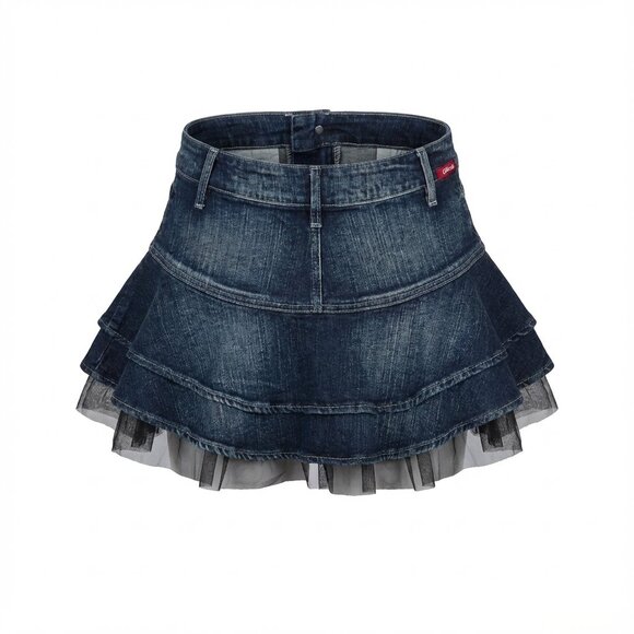 GUESS- Y2K VINTAGE- Denim Layered Mini Skirt with Ruffle Trim- SIZE 24👖💙✨ - Picture 3 of 8